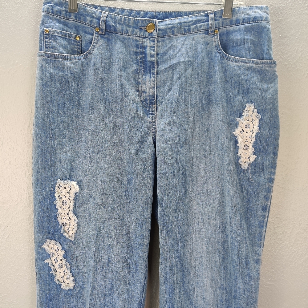 Ruby Rd. High Rise Distressed Lace Patch Jeans 10 - Picture 3 of 8